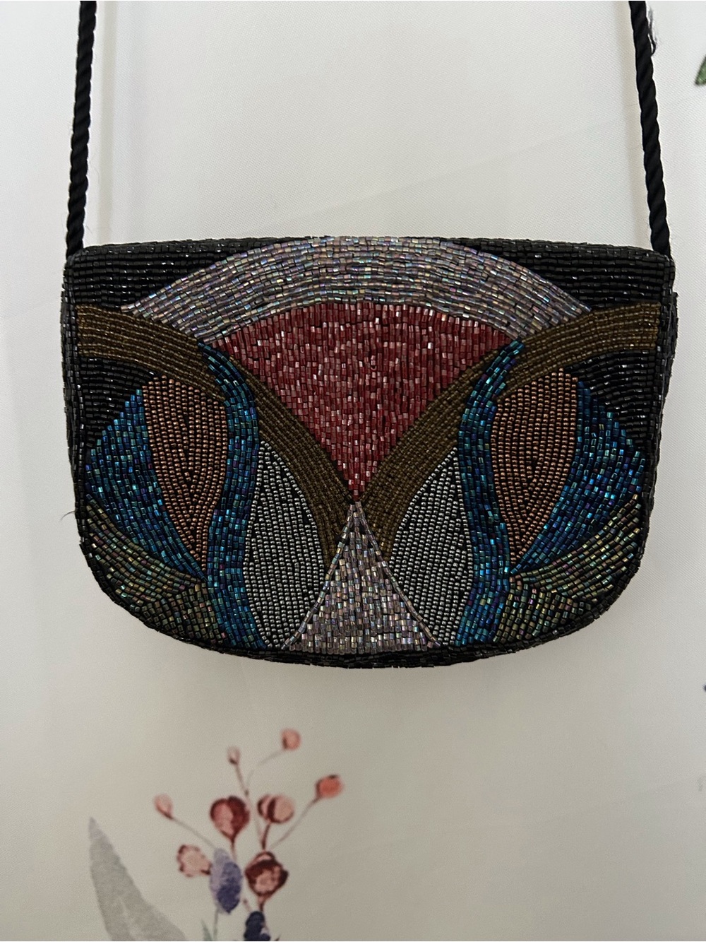 Art Deco Revival Beaded Crossbody Bag in Black with Multicolor Geometric Accents